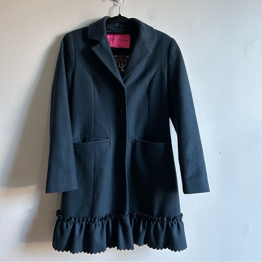 Betsey Johnson Sz 6 Wool Blend Navy Twee Bedazzled Button Coat - Picture 2 of 13